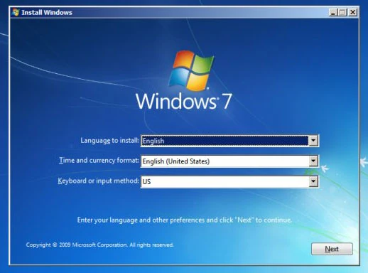 หน้าเลือกภาษาในการติดตั้ง Windows 7