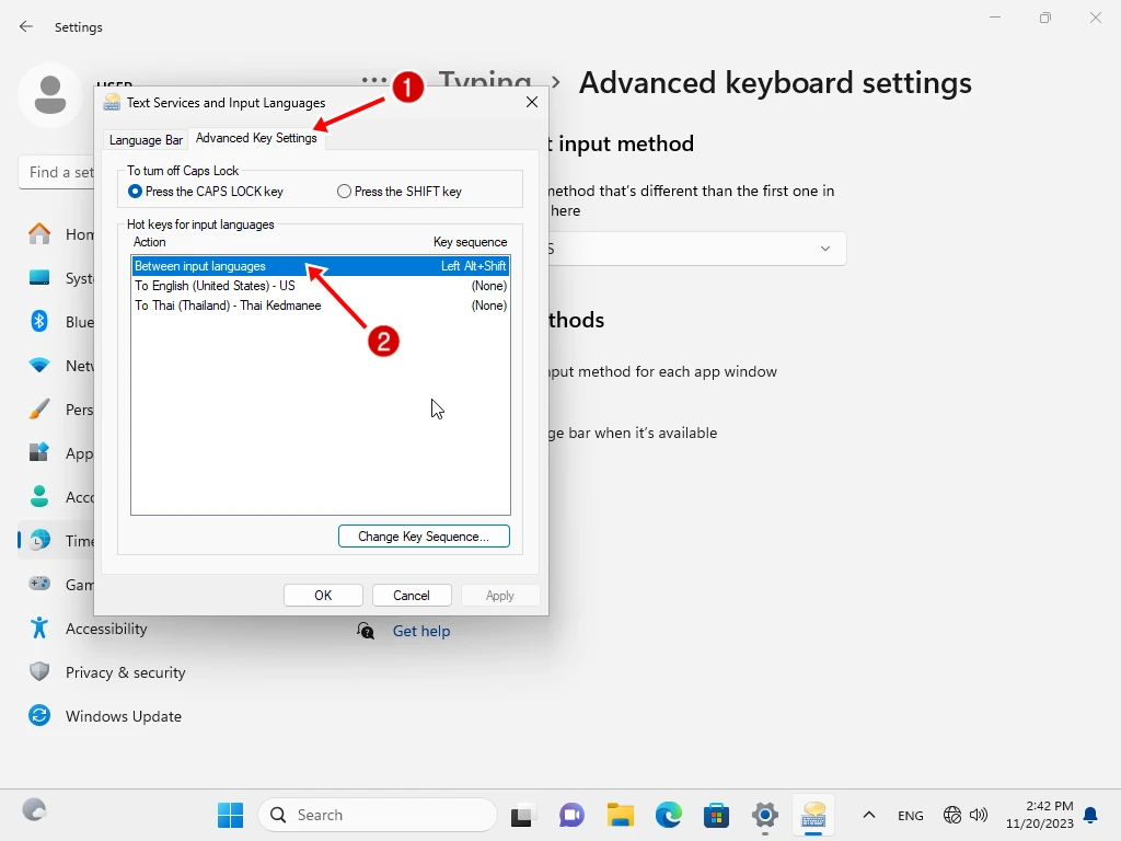 หน้าตั้งค่าปุ่มสลับภาษาและ Grave Accent ใน Windows 11