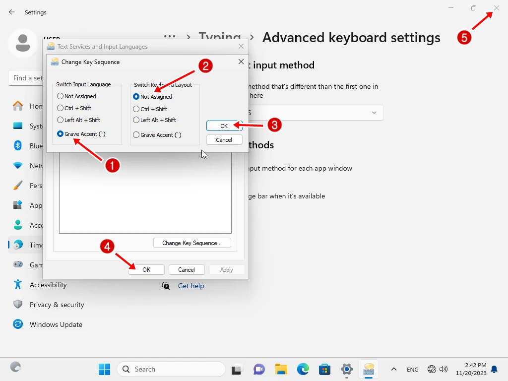 หน้าตั้งค่าปุ่มสลับภาษาและ Grave Accent ใน Windows 11