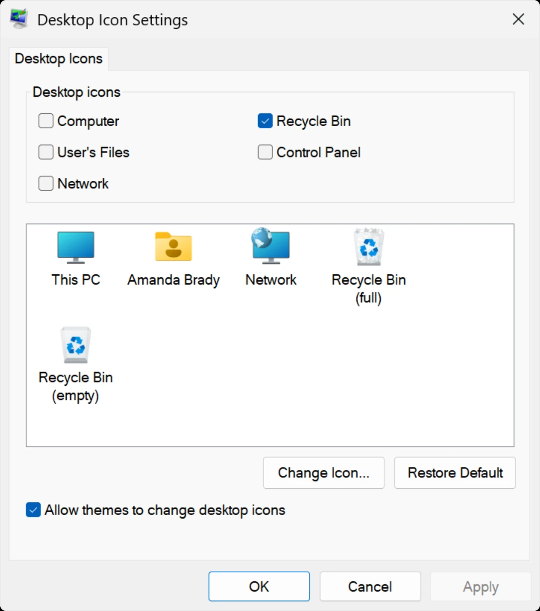 หน้าต่าง Desktop Icon Settings สำหรับเลือก This PC และไอคอนเดสก์ท็อป