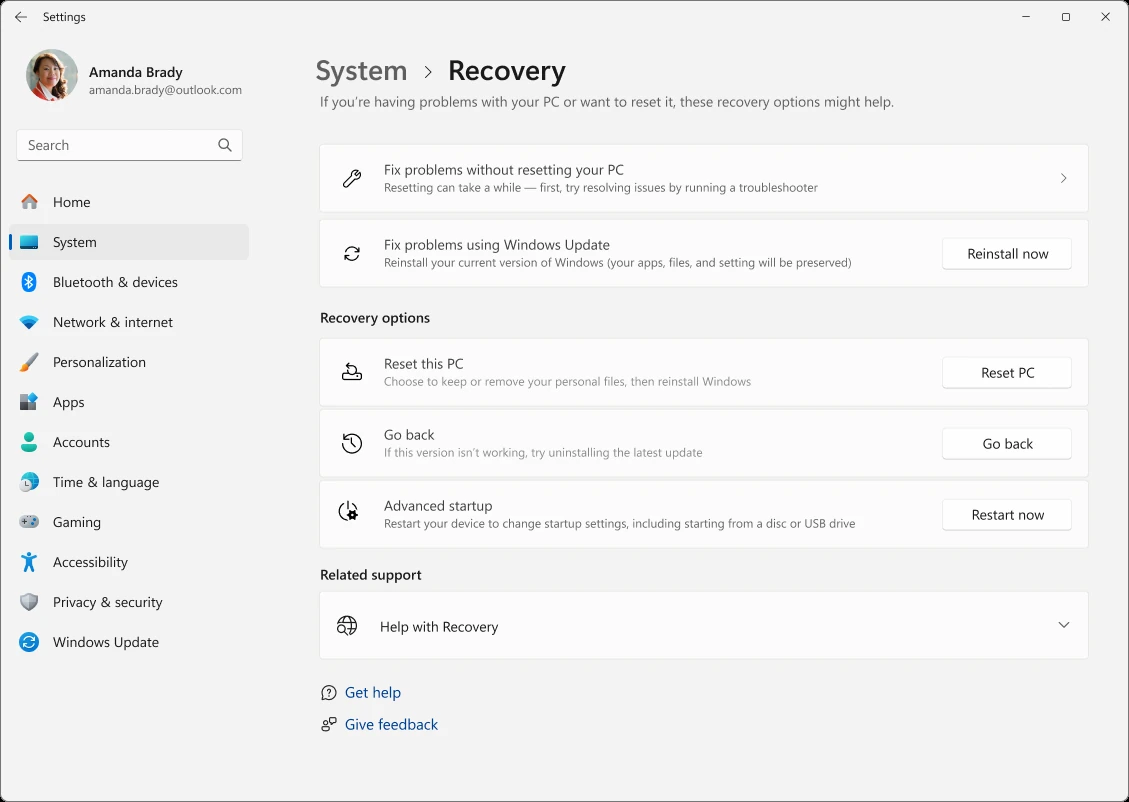 หน้า Settings System Recovery ใน Windows 11