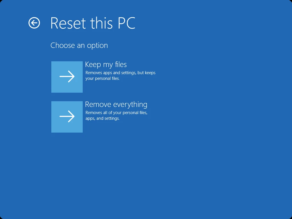 หน้าตัวเลือก Keep my files และ Remove everything ใน Windows Recovery