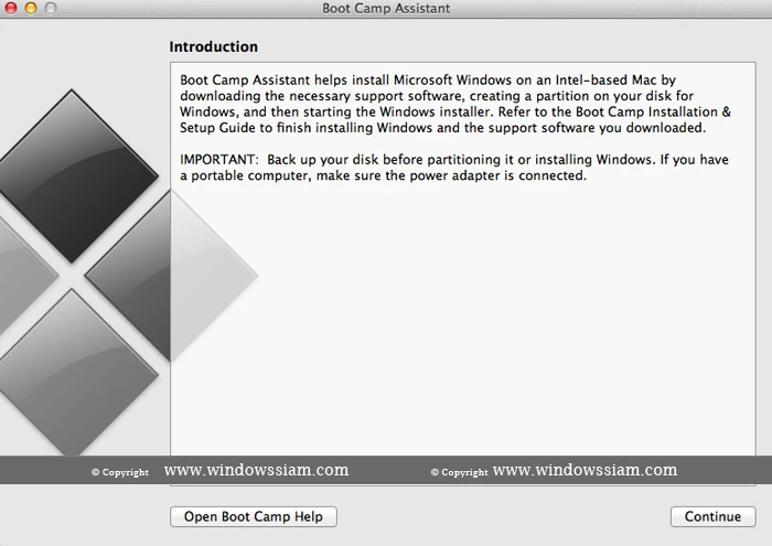 หน้าต้อนรับ Boot Camp Assistant บน Mac Intel รุ่นเก่า
