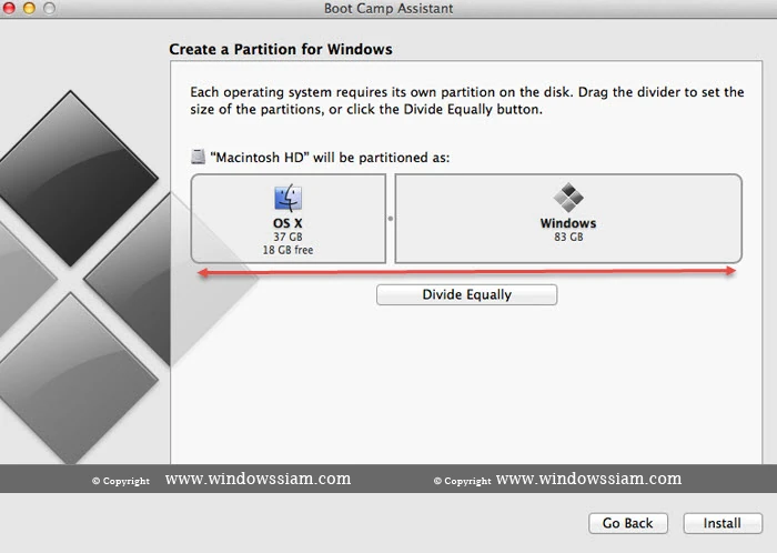 หน้าแบ่งพาร์ทิชันสำหรับ Windows ใน Boot Camp Assistant