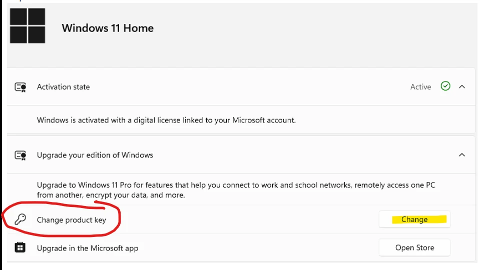 หน้าตัวเลือกอัปเกรด Windows Home เป็น Pro และ Change product key