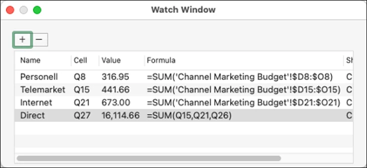 ตัวอย่าง Watch Window ใน Excel 2021 for Mac