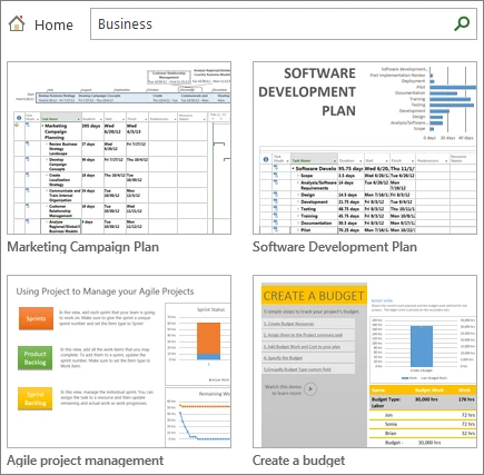 หน้าจอเลือกเทมเพลตแผนงานใน Microsoft Project