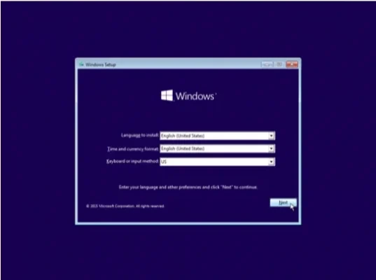 ตัวอย่างหน้าต่างติดตั้ง Windows 10 และการเลือกภาษาระบบ