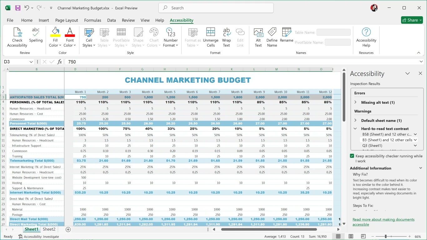 ตัวอย่างแถบเครื่องมือ Accessibility ใน Excel จากเอกสาร Office LTSC 2024 ของ Microsoft
