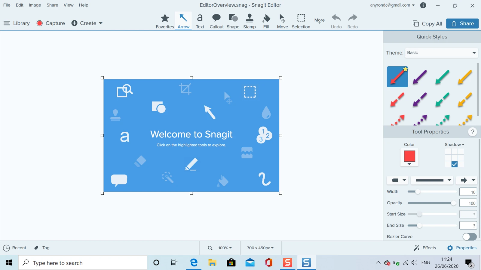 ตัวอย่างหน้าต่าง Editor และเครื่องมือใส่ลูกศรใน Snagit