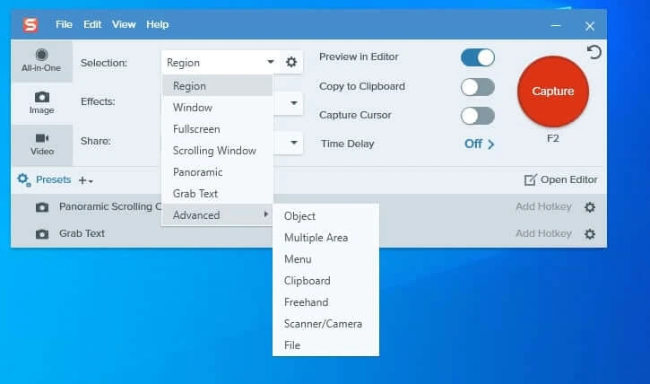 ตัวอย่างเลือกโหมดจับภาพใน Snagit 2020