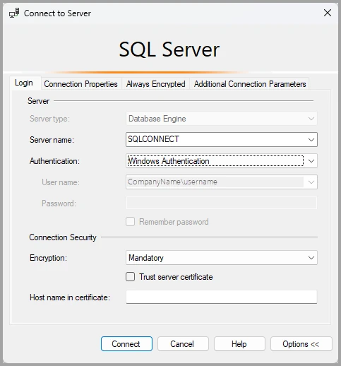 ตัวอย่างเชื่อมต่อ SQL Server ผ่าน SSMS