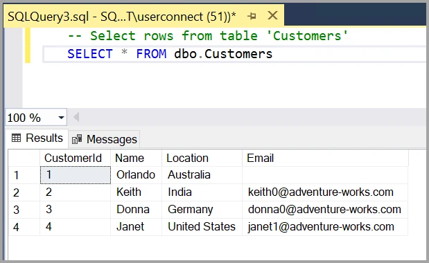 ตัวอย่างผลลัพธ์ Query ของ SQL Server