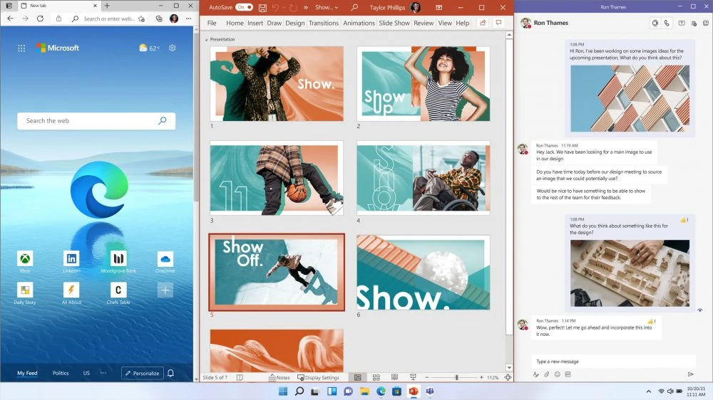 ตัวอย่างจัดหน้าต่างหลายโปรแกรมด้วย Snap บน Windows 11 จาก Microsoft