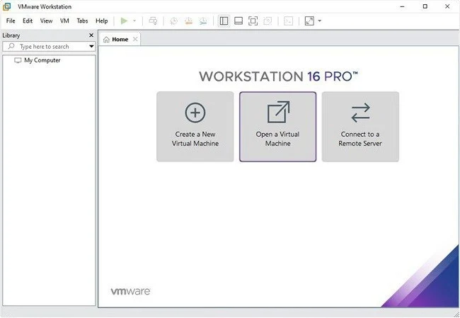 ตัวอย่างหน้าจอหลัก VMware Workstation 16