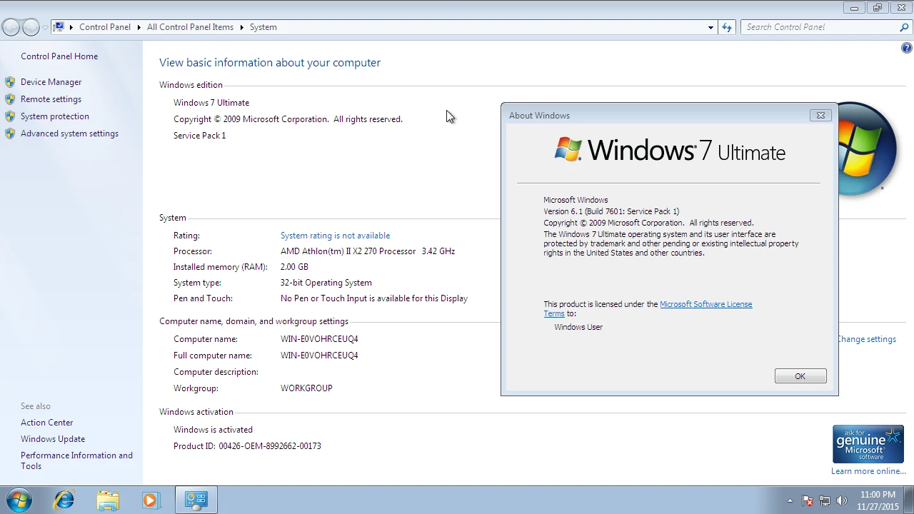 ตัวอย่างหน้าต่างข้อมูลระบบ Windows 7 Ultimate