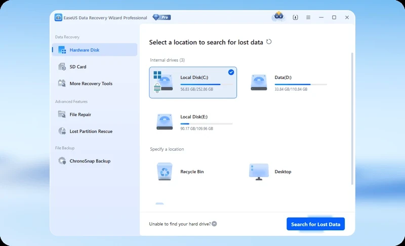 ตัวอย่างเลือกไดรฟ์ สแกน และกู้ข้อมูลใน โปรแกรมรุ่นนี้ Wizard